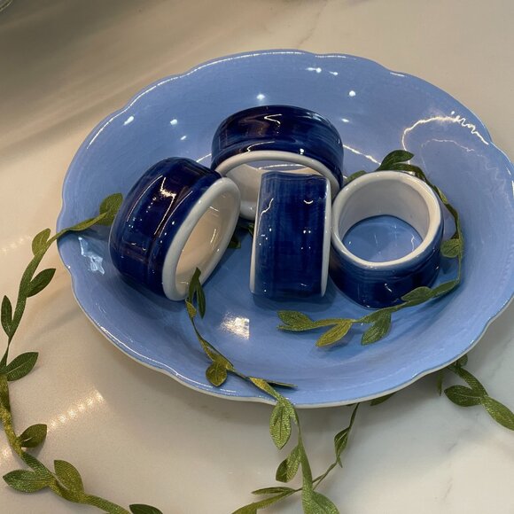 4 Glazed Ceramic Cobalt Blue Napkin Rings - Picture 7 of 10